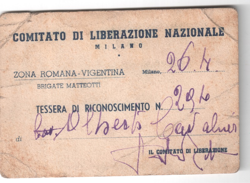 Tessera di riconoscimento emessa dal Comitato di Liberazione Nazionale, Brigate Matteotti, intestata ad Alberto Cavaliere